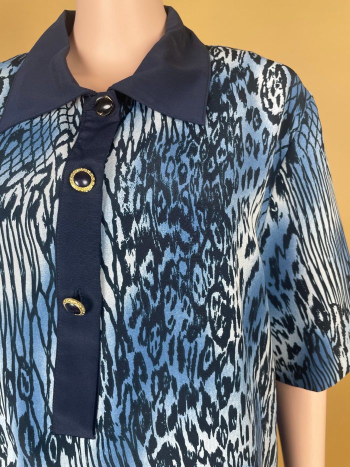 Elegant Blue Animal-Print Collared Shirt - Image 3