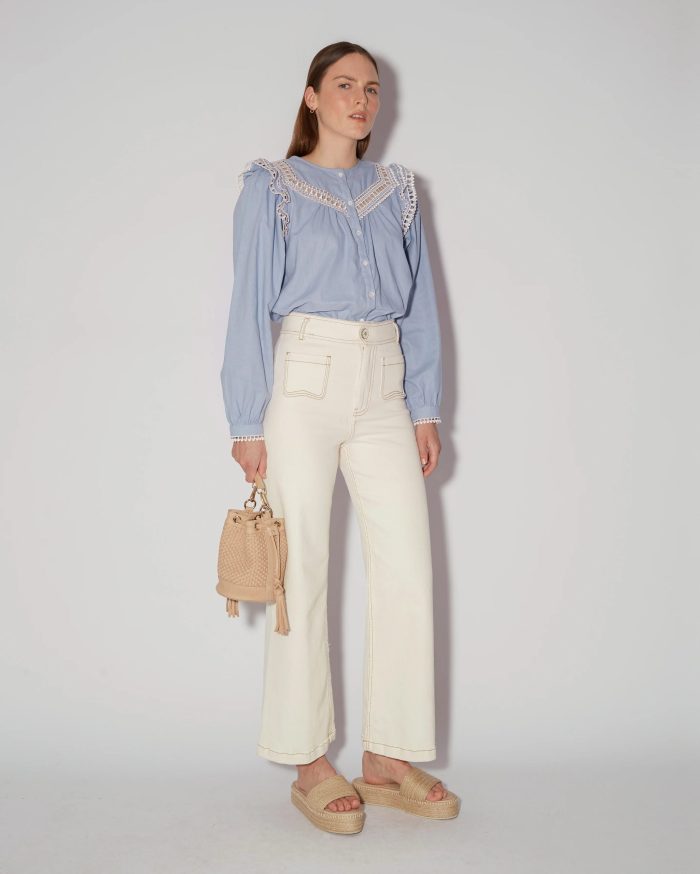 Elegant Lace-Trimmed Blue Blouse - Image 3
