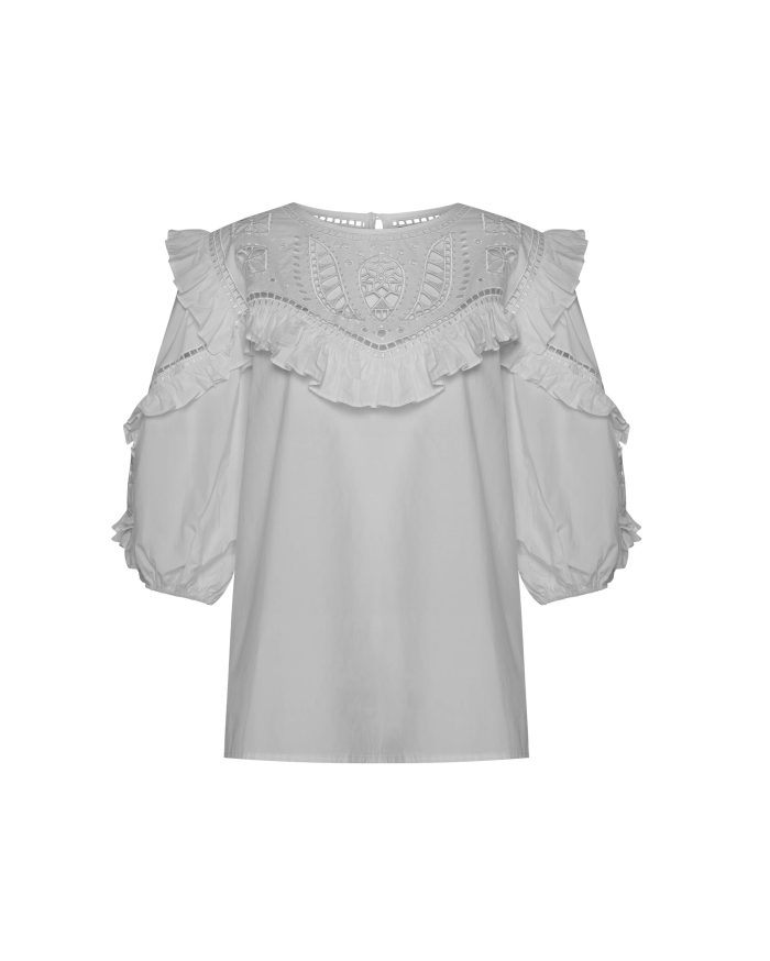 Elegant White Embroidered Blouse With Ruffled Details - Image 1