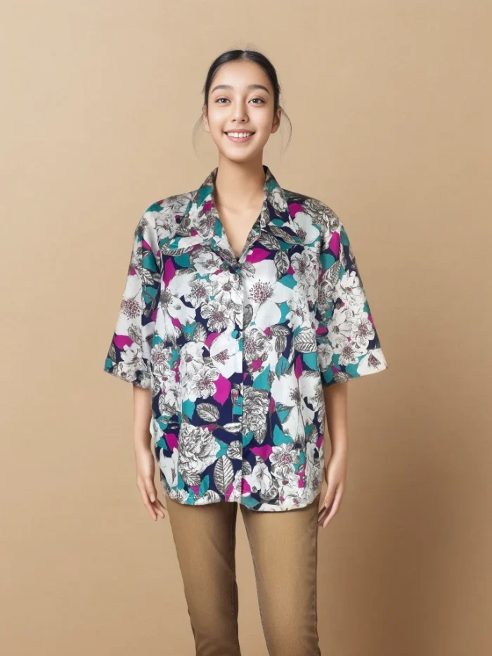 Floral Print Short-Sleeve Button-Up Shirt - Image 1