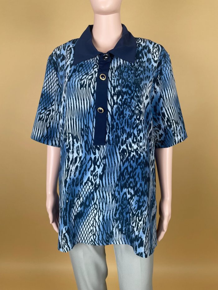 Elegant Blue Animal-Print Collared Shirt - Image 2