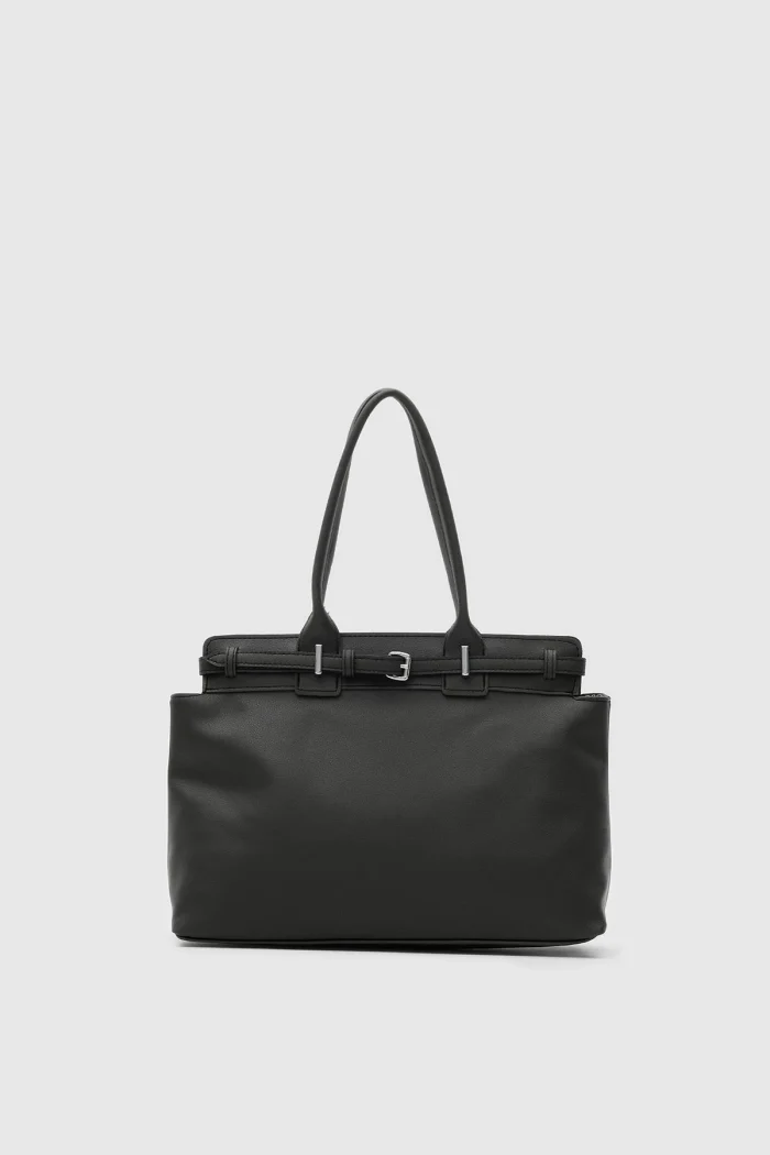 Elegant Black Faux Leather Tote Bag - Image 1