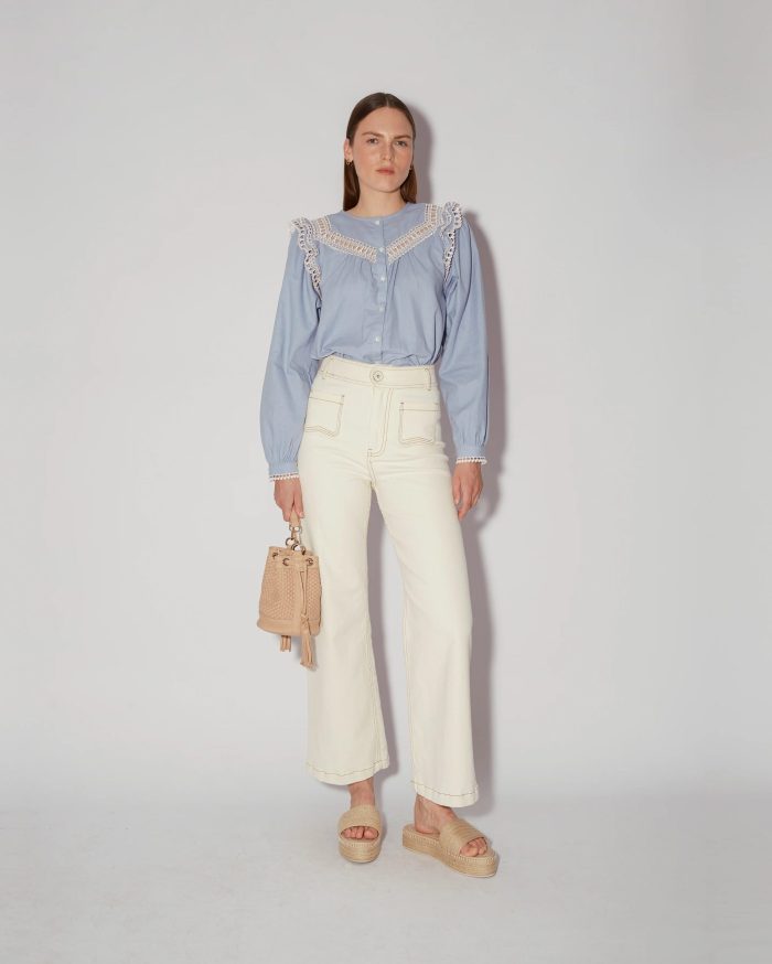 Elegant Lace-Trimmed Blue Blouse - Image 2