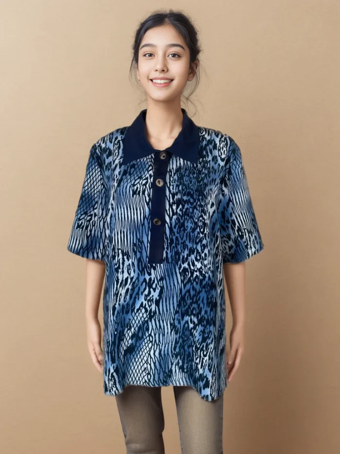 Elegant Blue Animal-Print Collared Shirt - Image 1