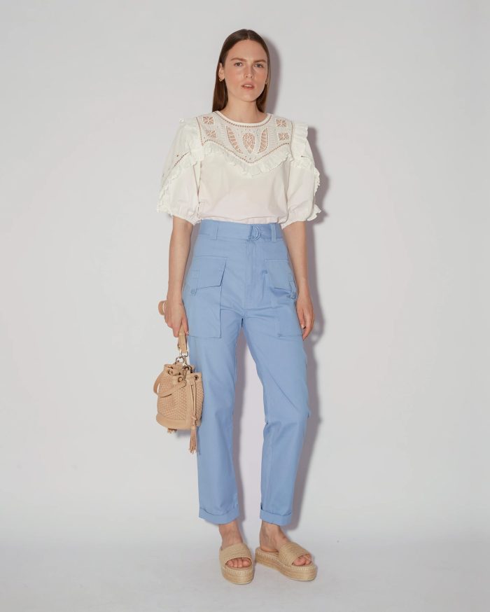 Elegant White Embroidered Blouse With Ruffled Details - Image 3