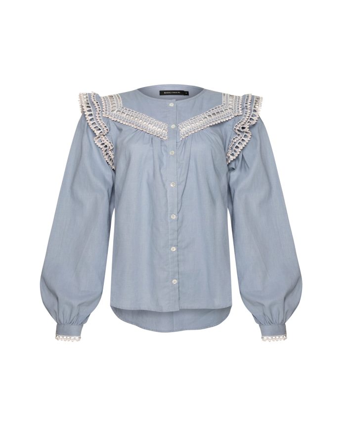 Elegant Lace-Trimmed Blue Blouse - Image 1